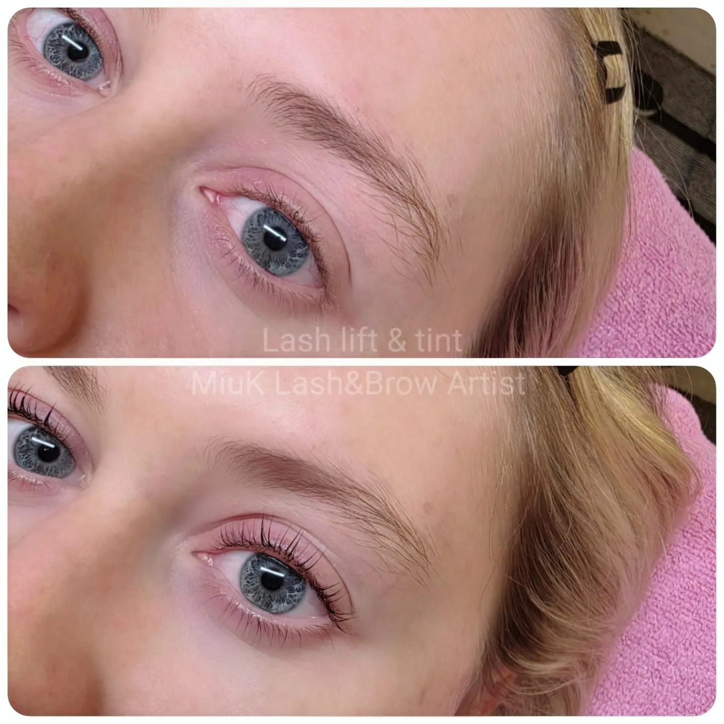 Lash lift and tint before and after — blue eyes