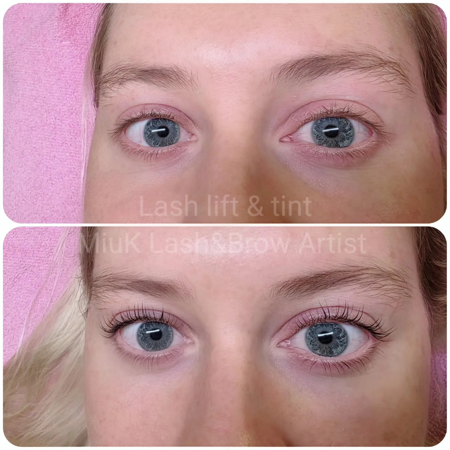 Lash lift and tint before and after — blonde, blue eyes