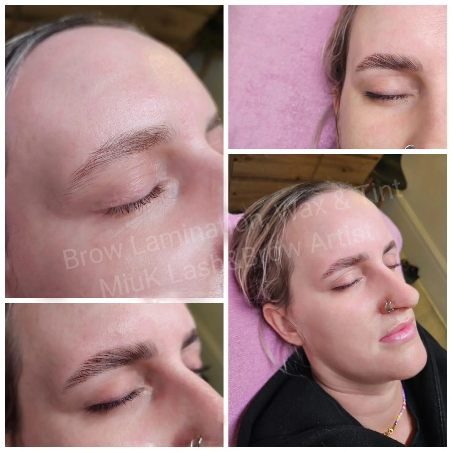 Brow lamination, wax and tint — four-panel before and after