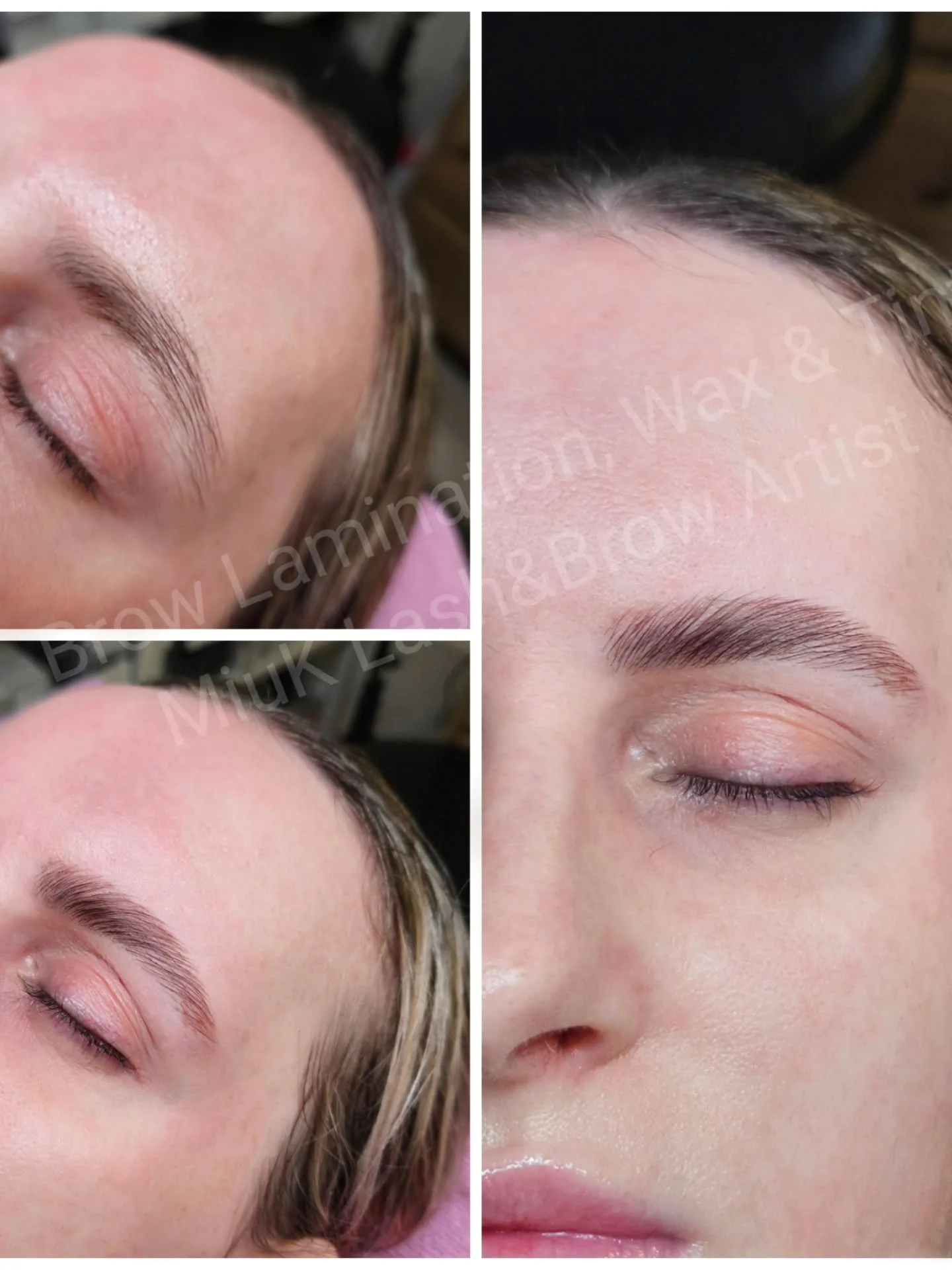 Brow lamination, wax and tint — three-panel result collage