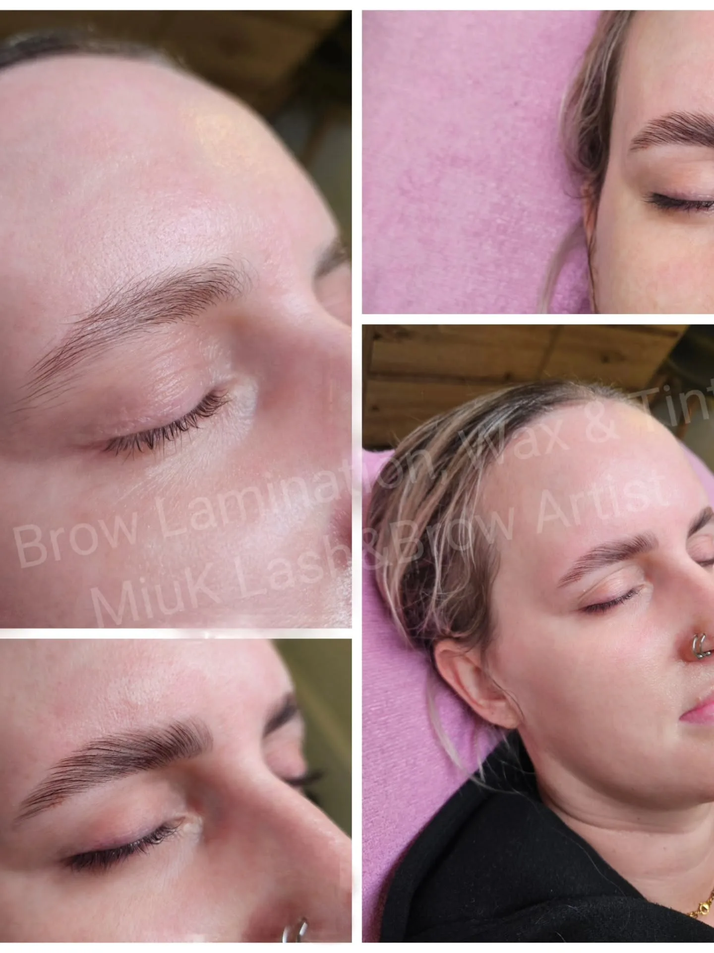 Brow lamination, wax and tint — four-panel before and after