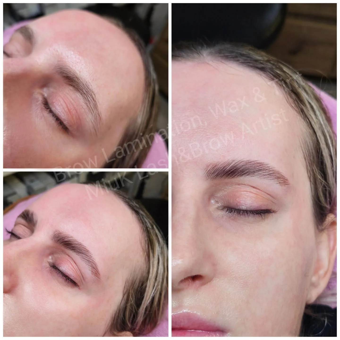 Brow lamination, wax and tint — three-panel before and after